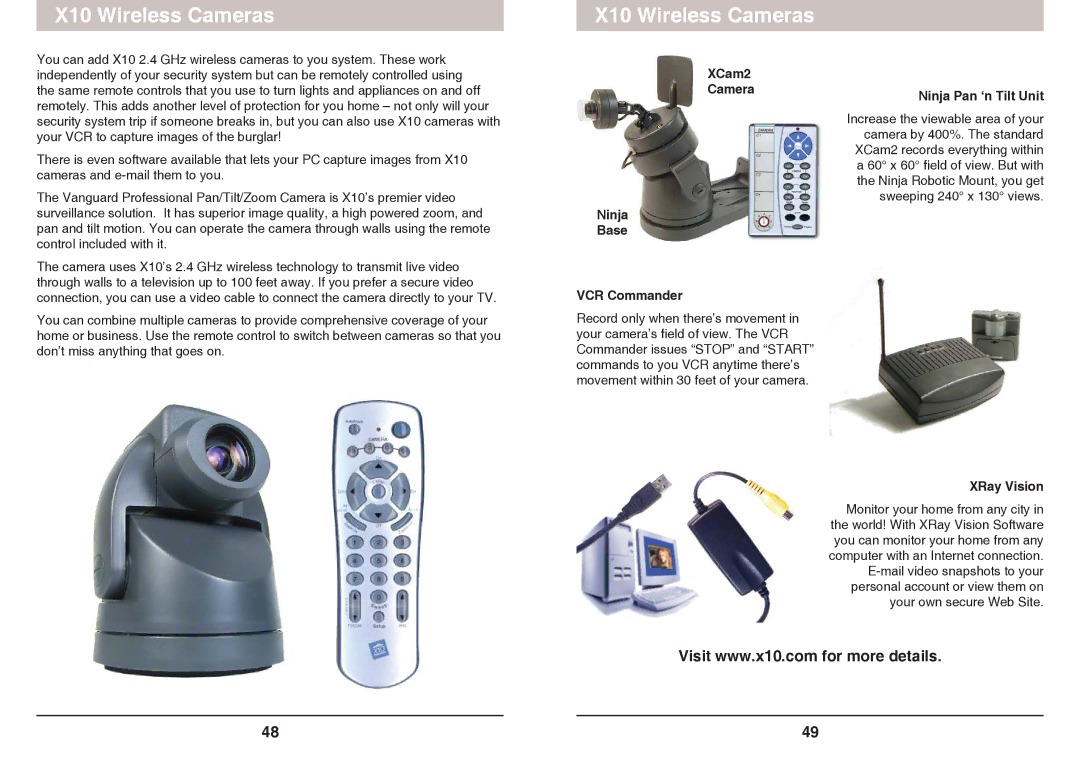 X10 Wireless Technology SC1200 owner manual X10 Wireless Cameras, XCam2 Camera Ninja Base VCR Commander 