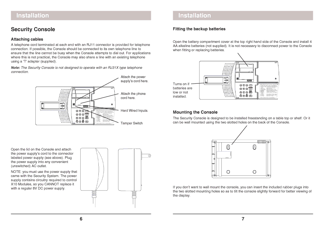 X10 Wireless Technology SC1200 Security Console, Attaching cables, Fitting the backup batteries, Mounting the Console 