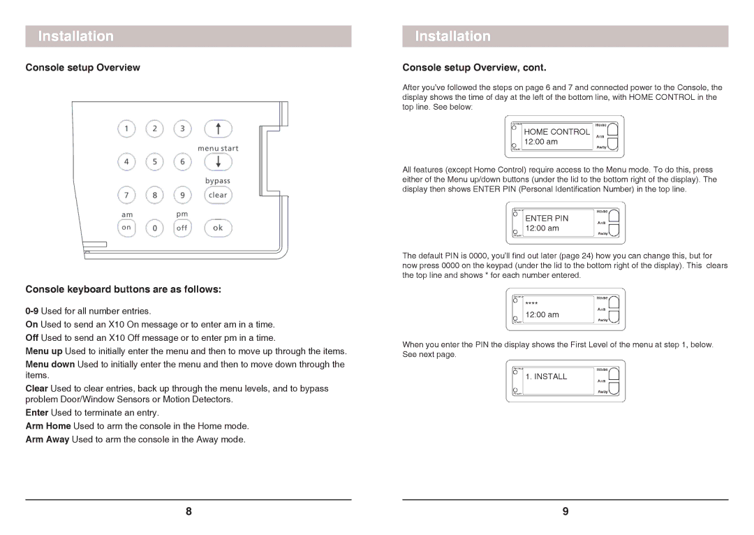 X10 Wireless Technology SC1200 owner manual Console setup Overview, Install 