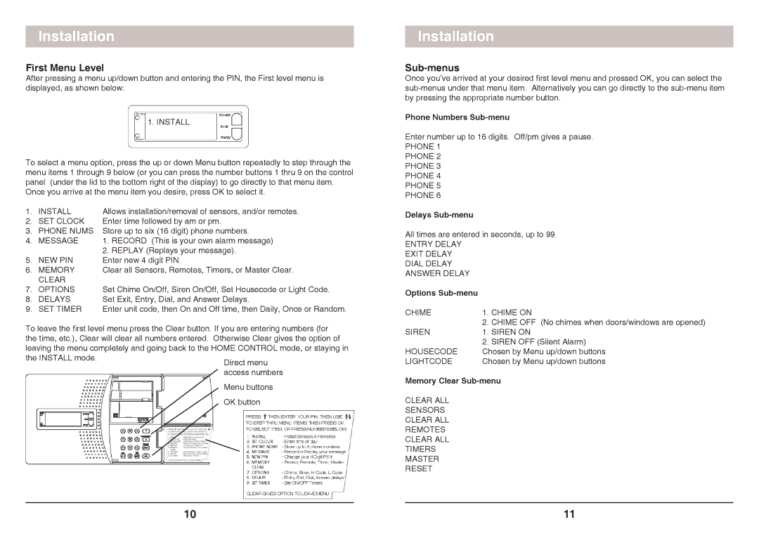 X10 Wireless Technology SC1200 owner manual First Menu Level, Sub-menus 