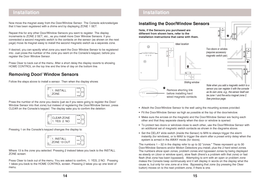 X10 Wireless Technology SC1200 Installing the Door/Window Sensors, Removing Door/ Window Sensors, Clear Zone 1. YES 2. no 