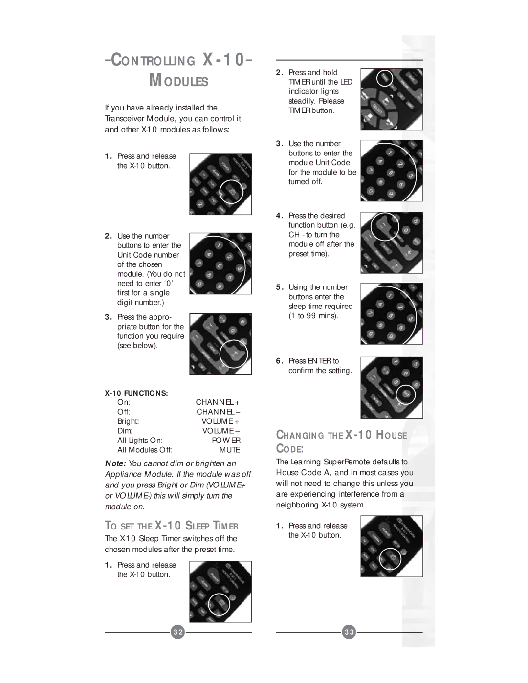 X10 Wireless Technology UR24A owner manual Controlling Modules, To SET the X-10 Sleep Timer, Changing the X-10 House Code 