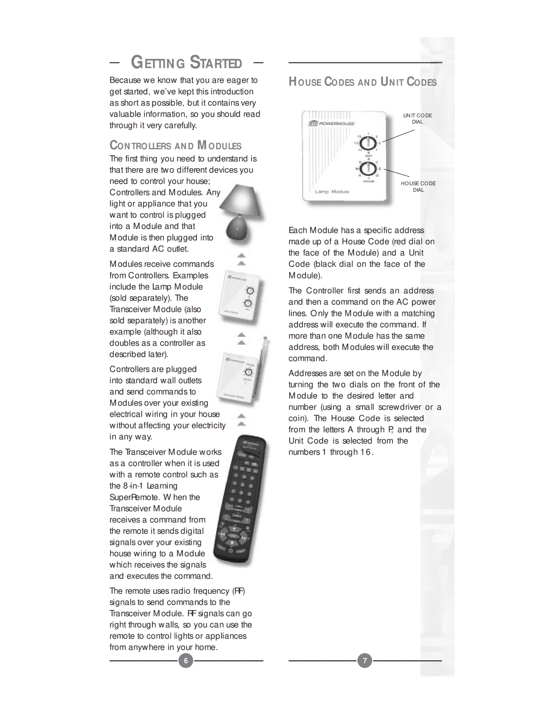 X10 Wireless Technology UR24A owner manual Getting Started, Controllers and Modules, House Codes and Unit Codes 