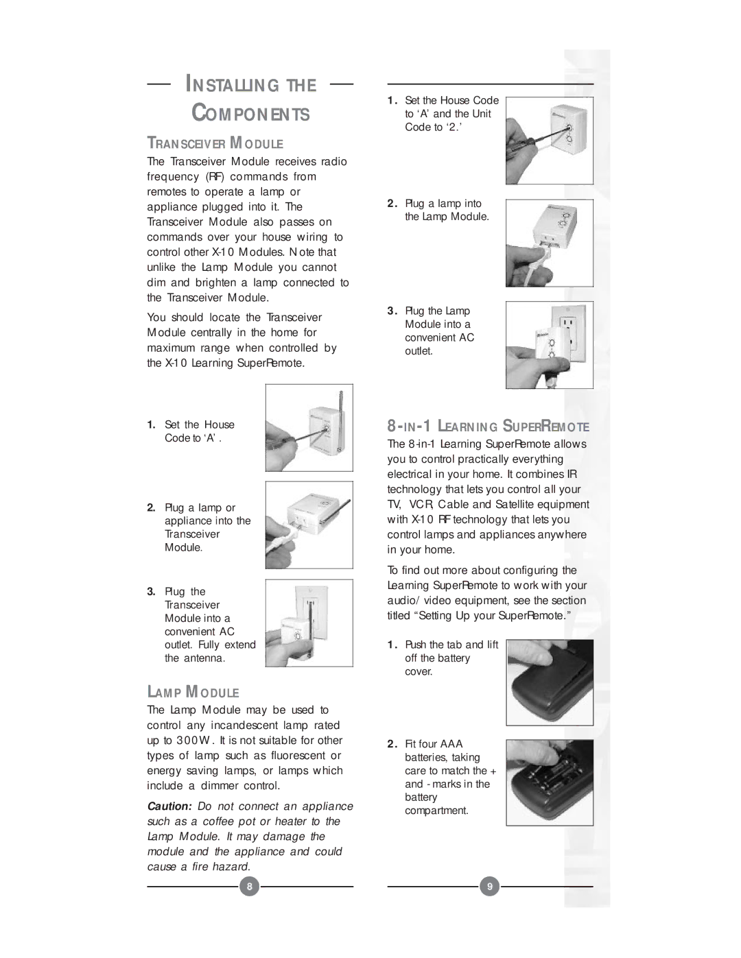 X10 Wireless Technology UR24A Installing Components, Transceiver Module, Lamp Module, IN-1 Learning Superremote 