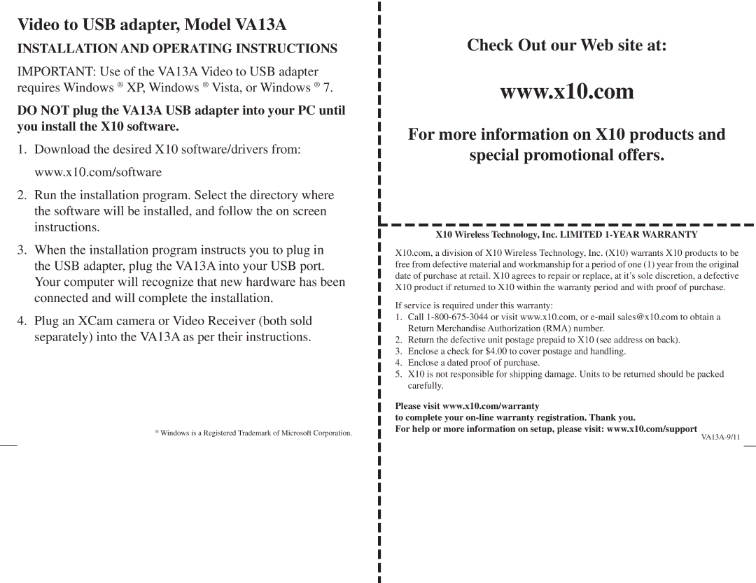 X10 Wireless Technology VA13A warranty X10 Wireless Technology, Inc. Limited 1-YEAR Warranty 