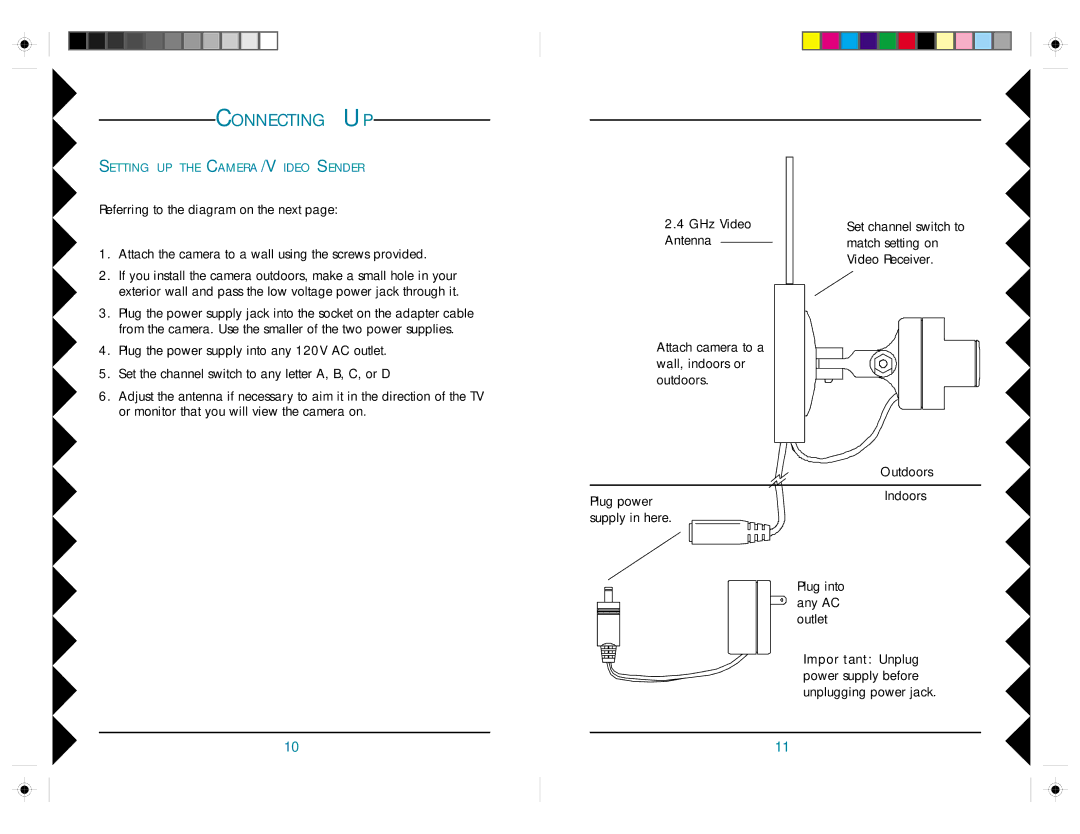 X10 Wireless Technology VK48A owner manual Connecting UP, Important Unplug power supply before unplugging power jack 