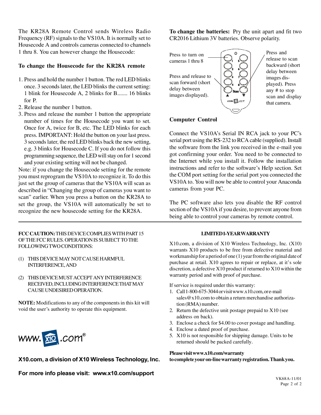 X10 Wireless Technology VK68A manual To change the Housecode for the KR28A remote, Computer Control 