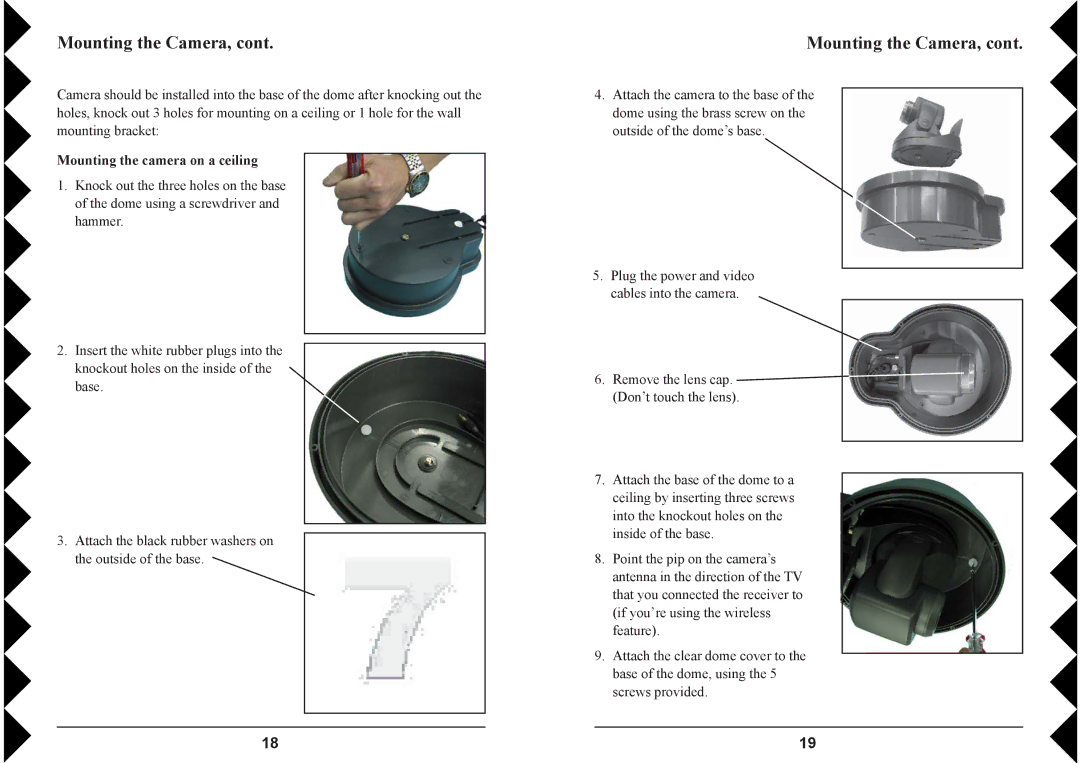 X10 Wireless Technology VK79A owner manual Mounting the Camera, Mounting the camera on a ceiling 