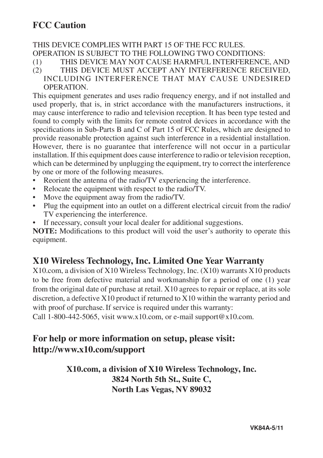 X10 Wireless Technology VK84A owner manual FCC Caution, X10 Wireless Technology, Inc. Limited One Year Warranty 