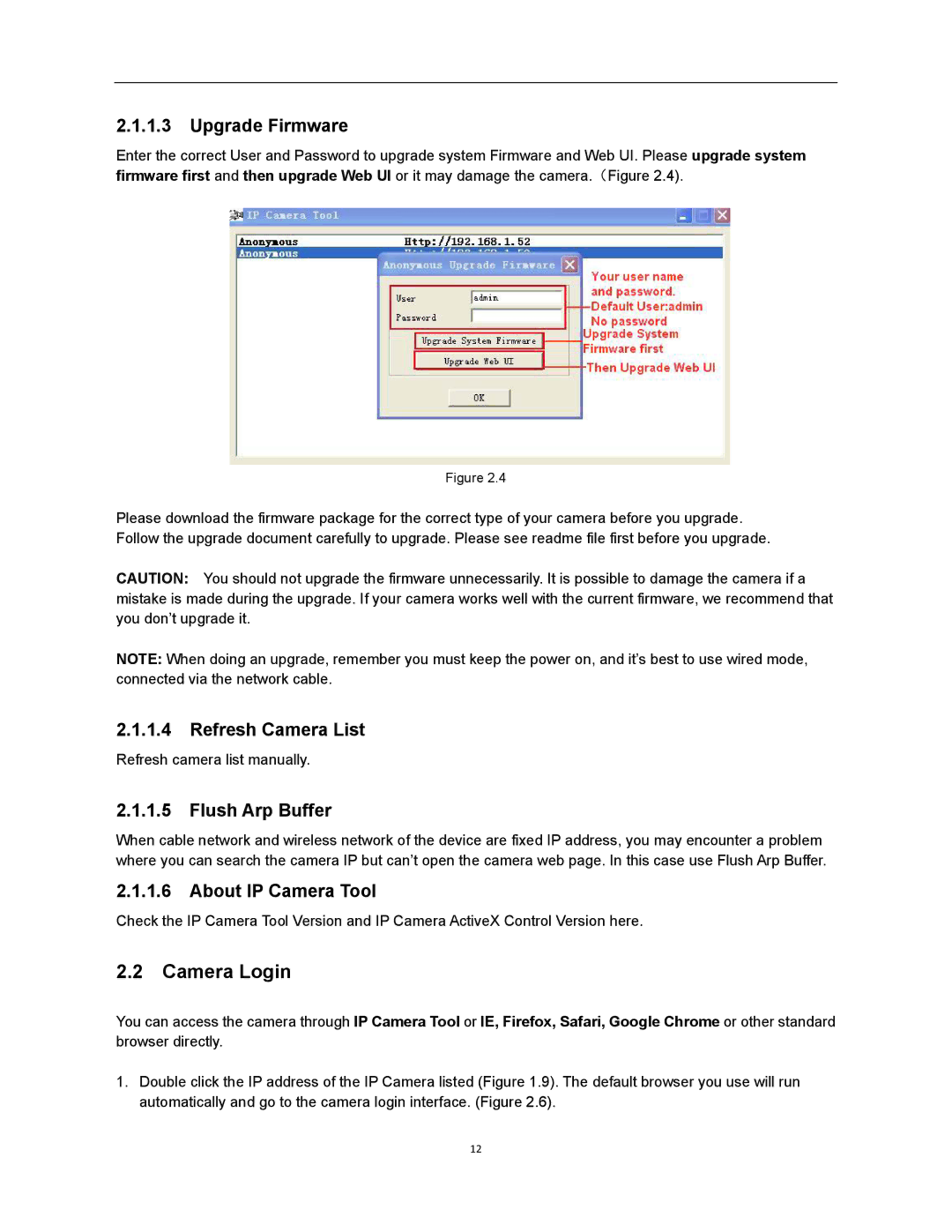 X10 Wireless Technology XX34A Camera Login, Upgrade Firmware, Refresh Camera List, Flush Arp Buffer, About IP Camera Tool 