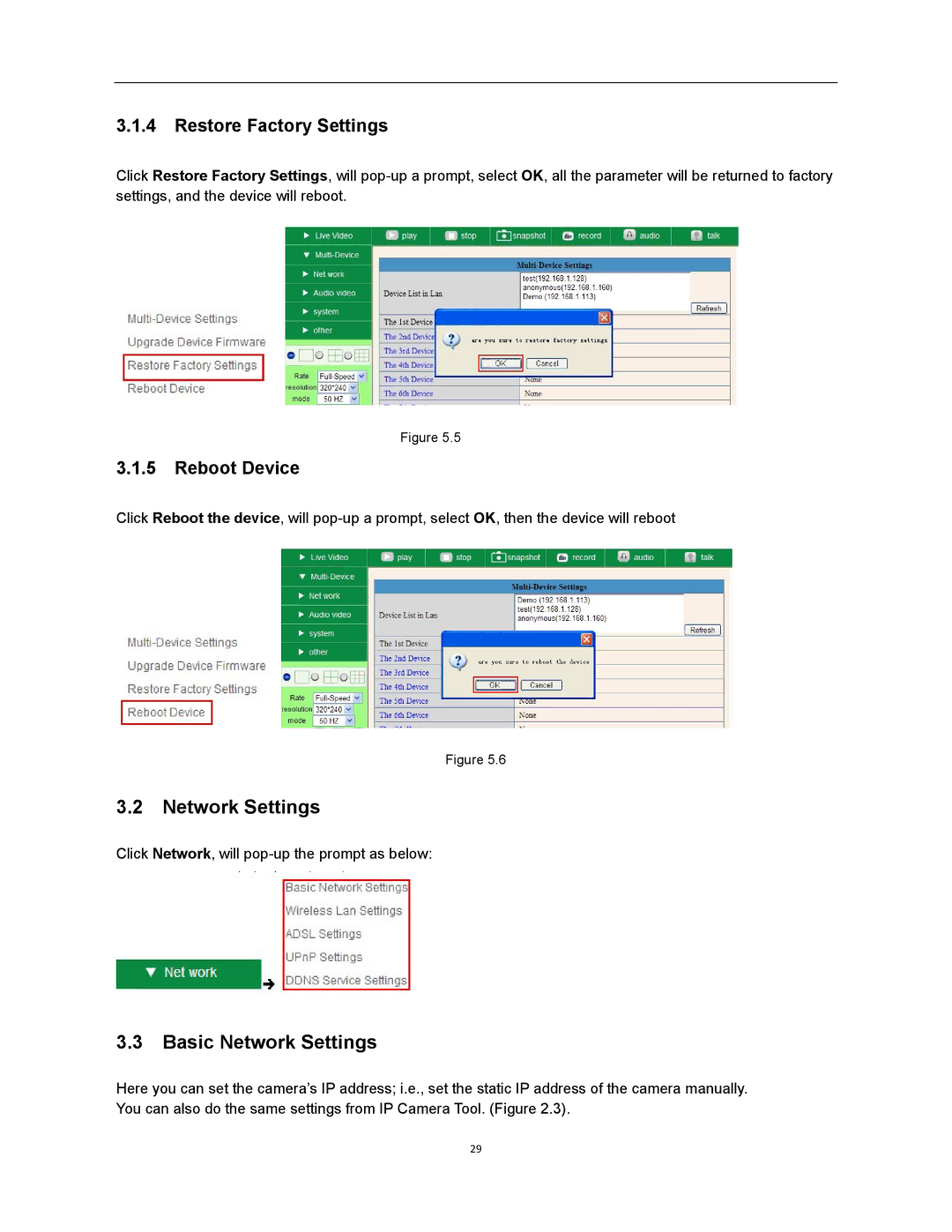 X10 Wireless Technology XX34A user manual Basic Network Settings, Restore Factory Settings, Reboot Device 