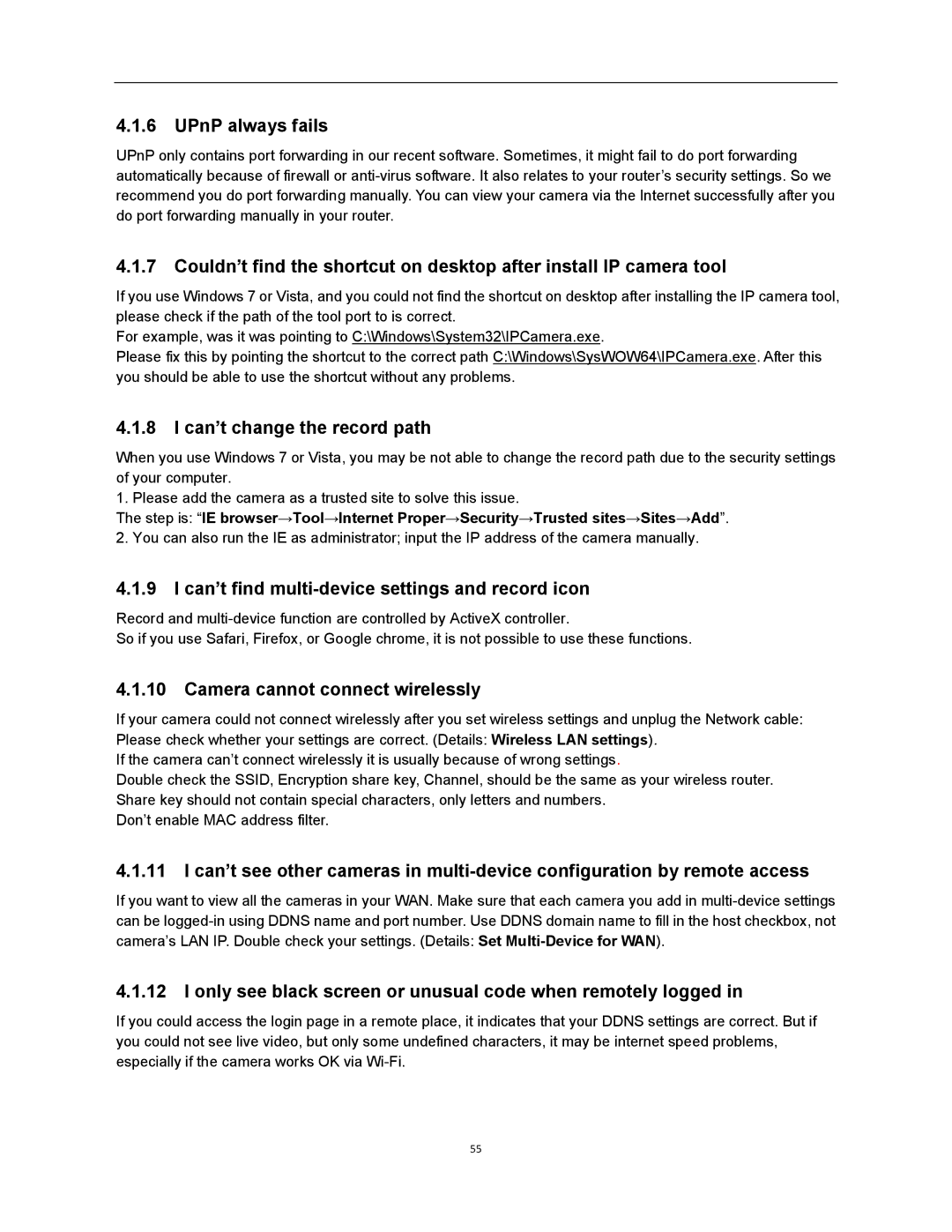 X10 Wireless Technology XX34A user manual UPnP always fails, Can’t change the record path, Camera cannot connect wirelessly 