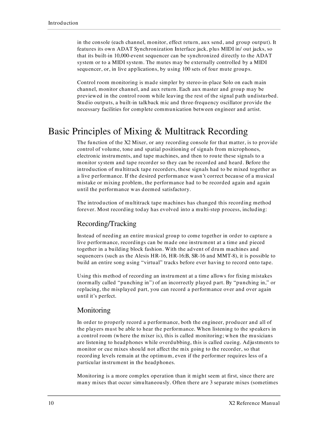 X2 X2 manual Basic Principles of Mixing & Multitrack Recording, Recording/Tracking, Monitoring 