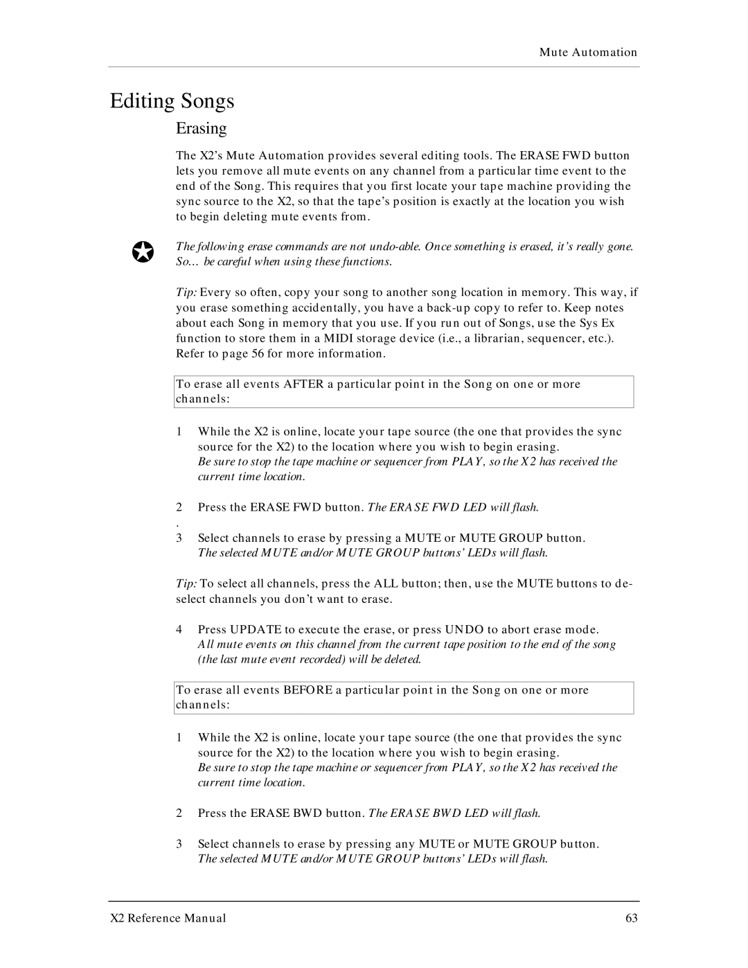 X2 X2 manual Editing Songs, Erasing 
