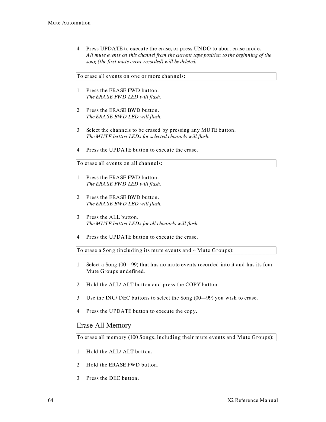 X2 X2 manual Erase All Memory, To erase all events on one or more channels, To erase all events on all channels 