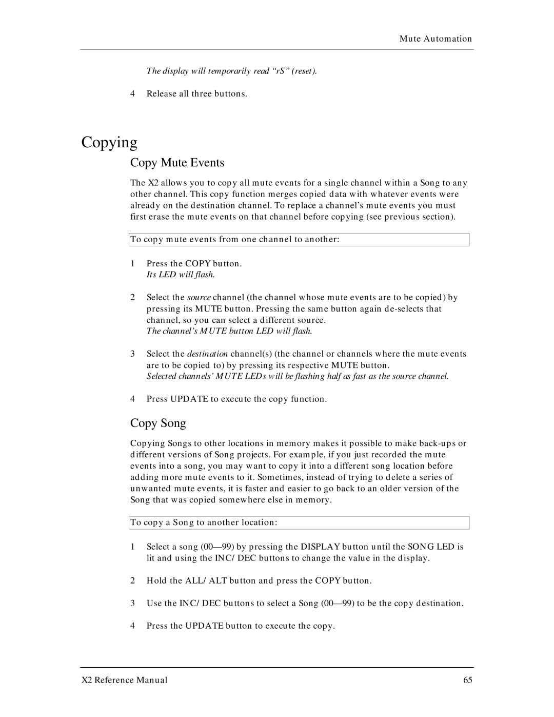 X2 X2 manual Copying, Copy Mute Events, Copy Song, To copy mute events from one channel to another 