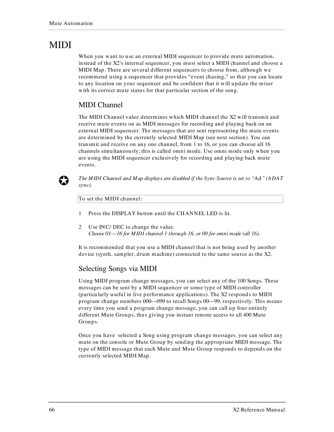 X2 X2 manual Midi Channel, Selecting Songs via Midi, To set the Midi channel 