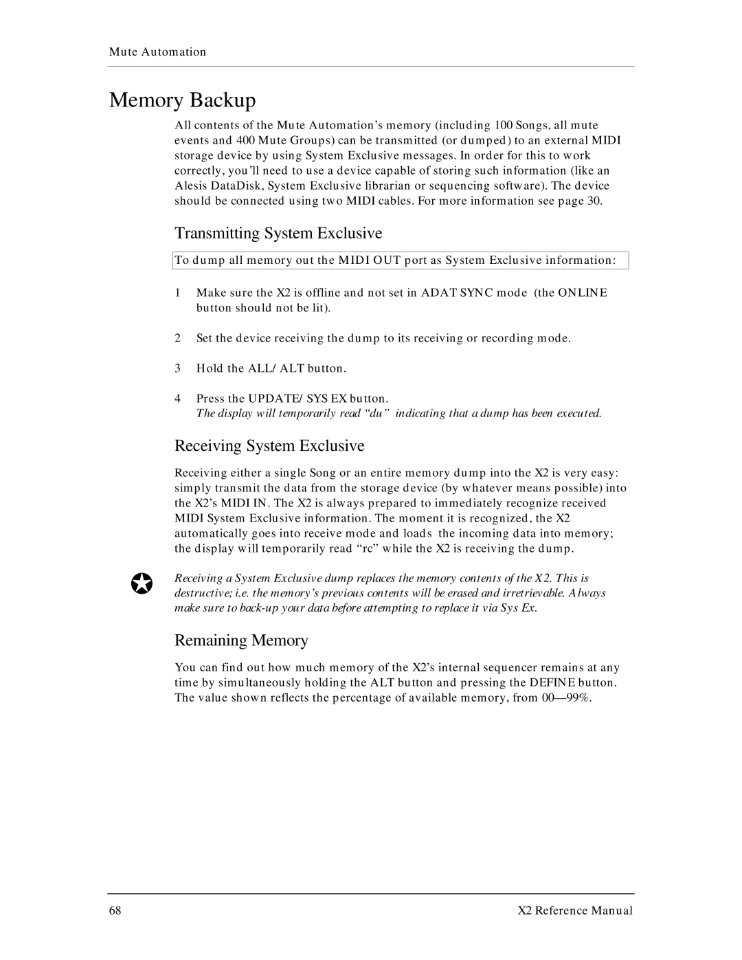 X2 X2 manual Memory Backup, Transmitting System Exclusive, Receiving System Exclusive, Remaining Memory 
