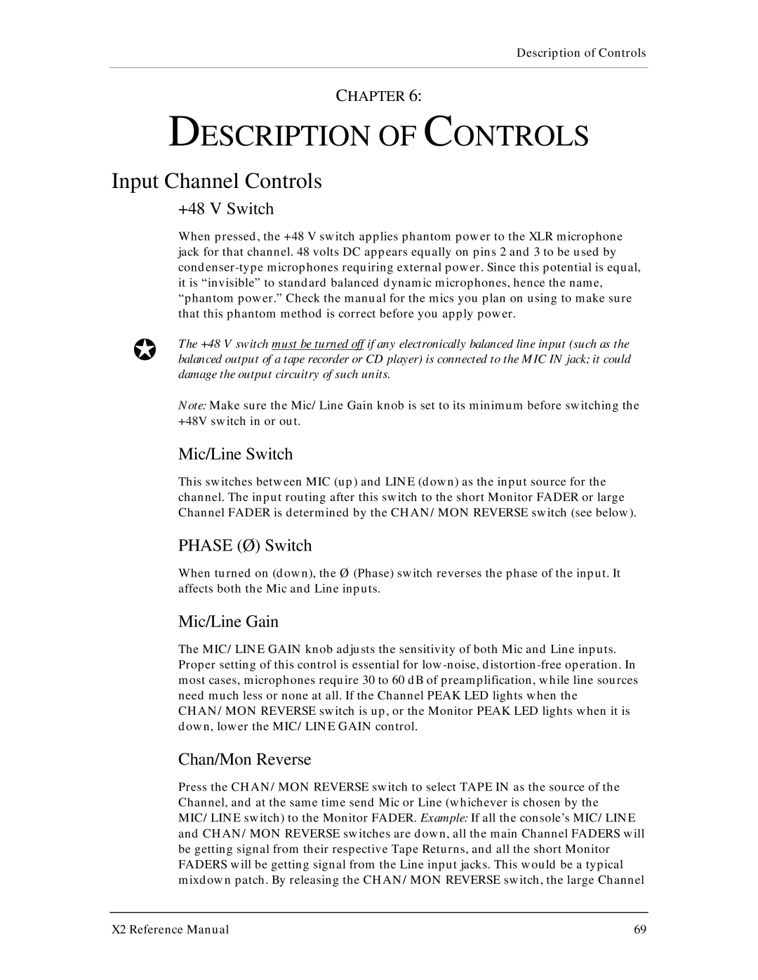 X2 X2 manual Description of Controls, Input Channel Controls 