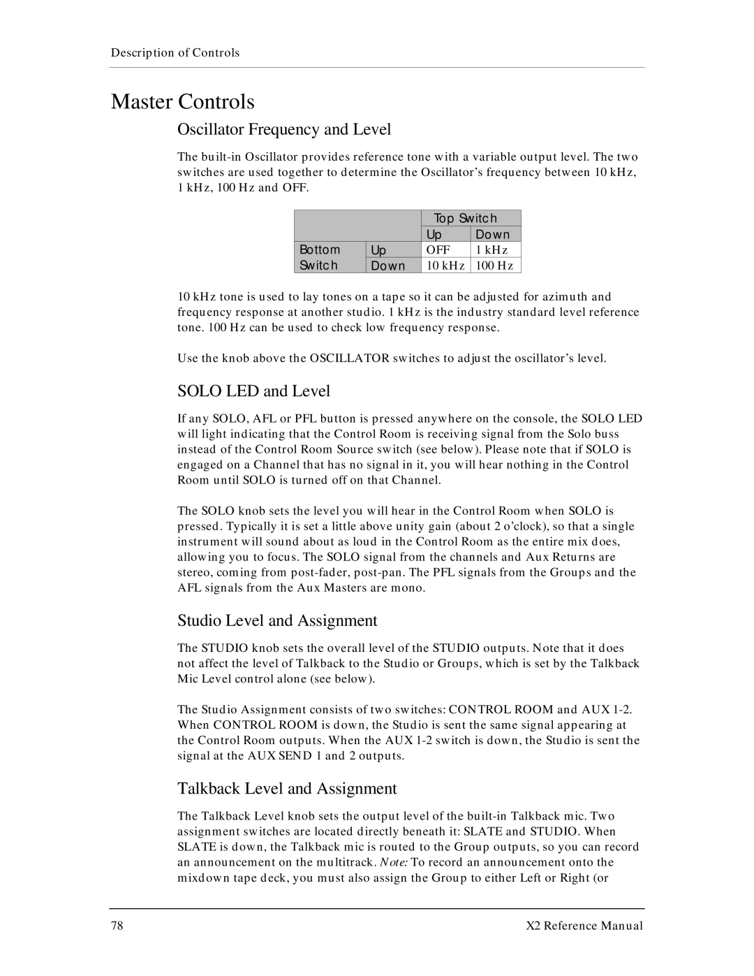 X2 X2 manual Master Controls, Oscillator Frequency and Level, Solo LED and Level, Studio Level and Assignment 