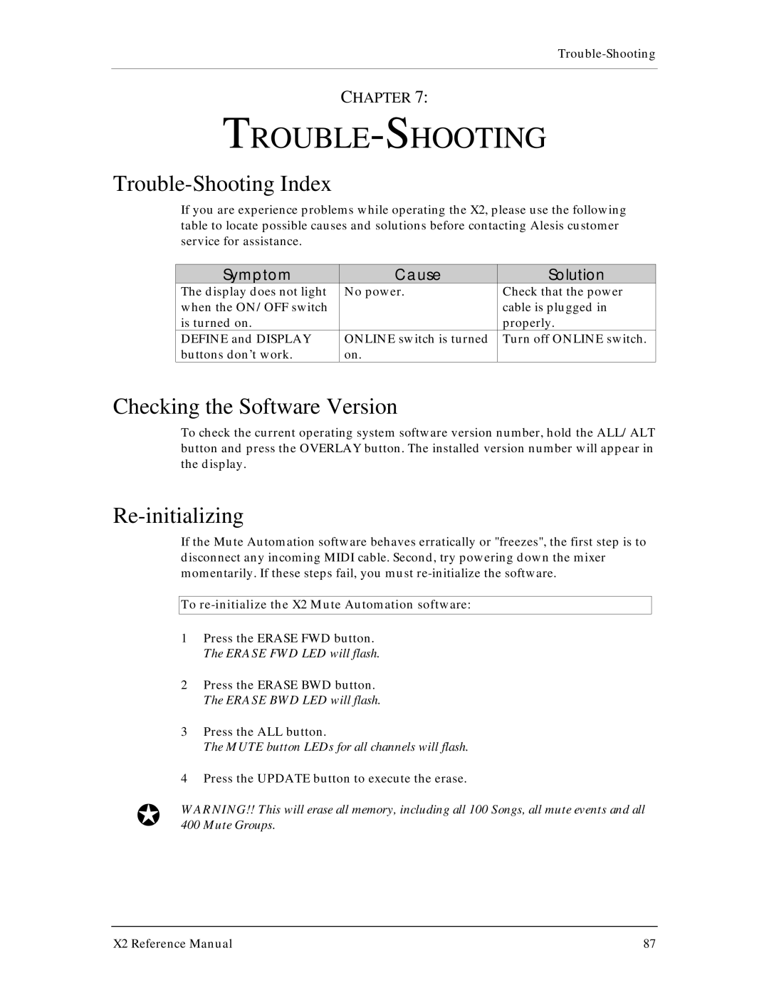 X2 X2 manual Trouble-Shooting Index, Checking the Software Version, Re-initializing 