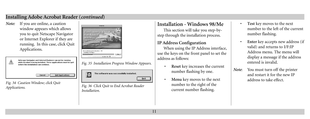 Xante 100-100621 manual Installing Adobe Acrobat Reader, Installation Windows 98/Me, IP Address Configuration 