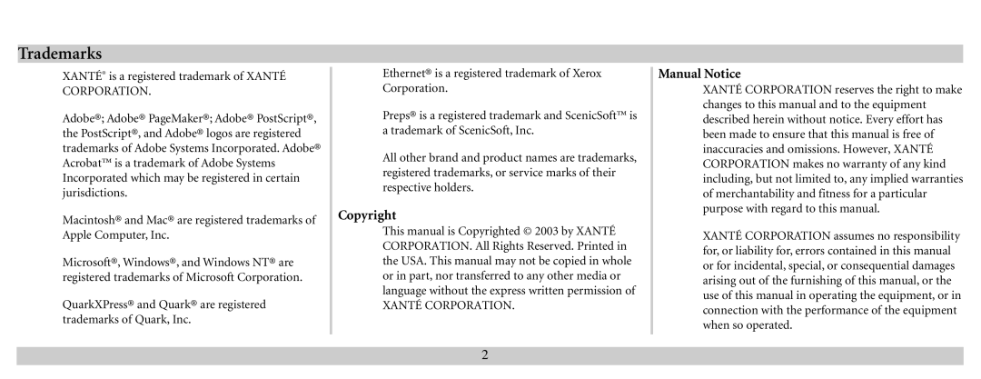 Xante 100-100621 manual Trademarks, Copyright, Manual Notice 