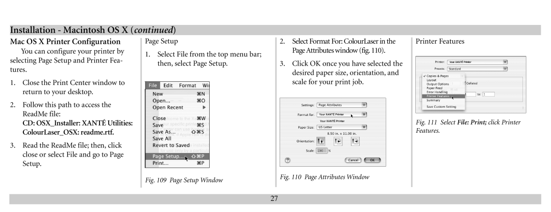 Xante 100-100621 manual Mac OS X Printer Configuration, ColourLaserOSX readme.rtf 