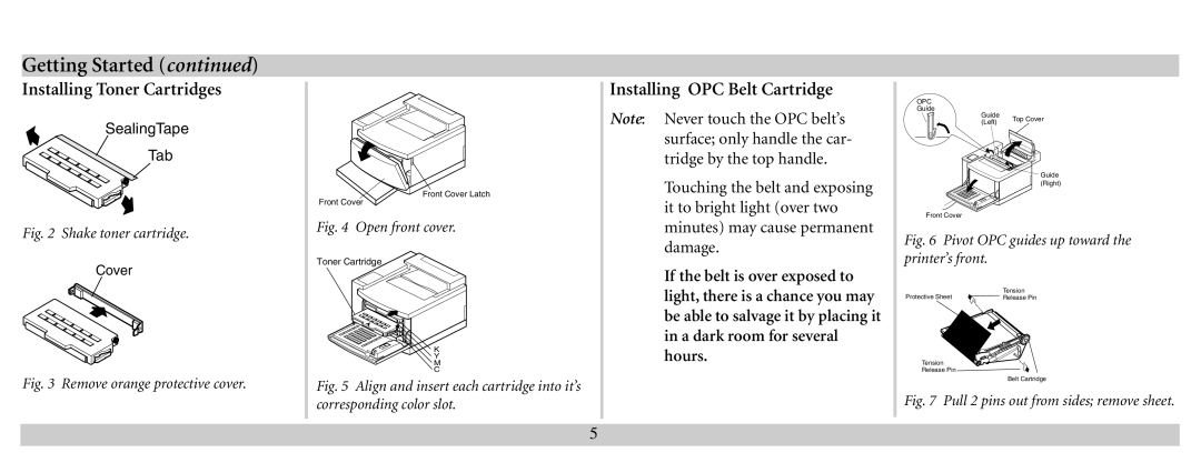 Xante 100-100621 manual Installing Toner Cartridges, Installing OPC Belt Cartridge 