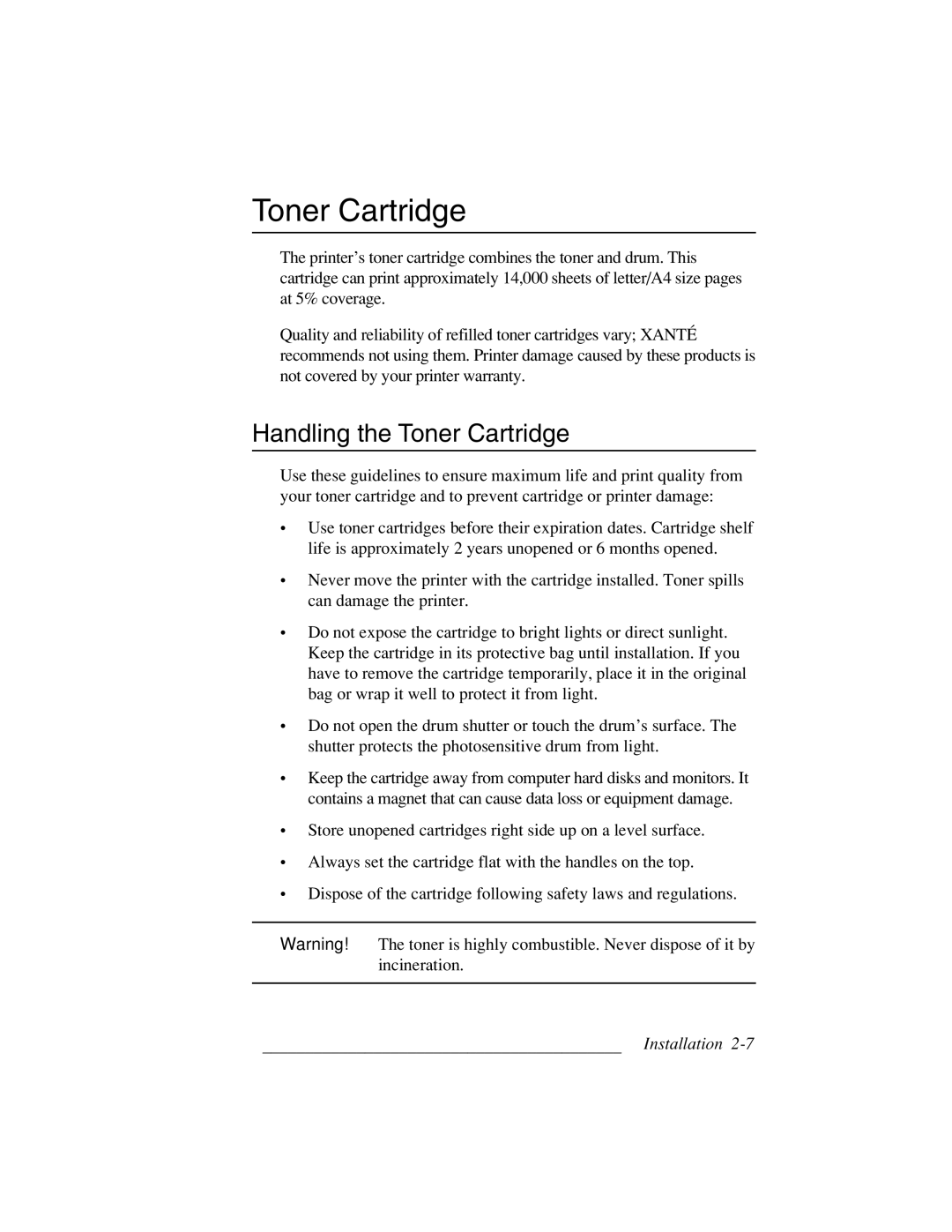 Xante 3 Series warranty Handling the Toner Cartridge 