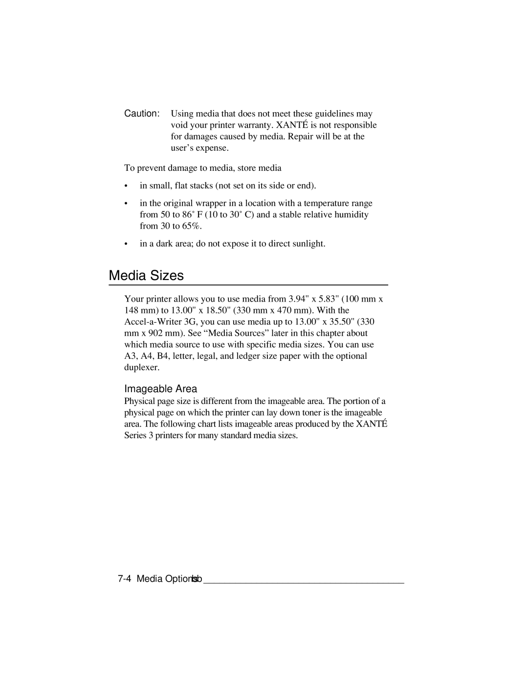 Xante 3 Series warranty Media Sizes, Imageable Area 