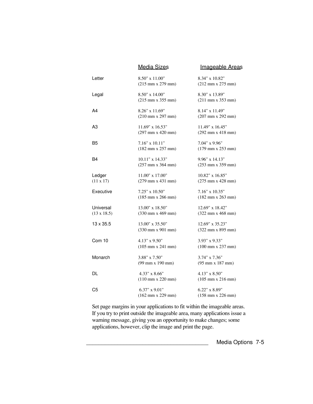 Xante 3 Series warranty Media Sizes, Imageable Areas 