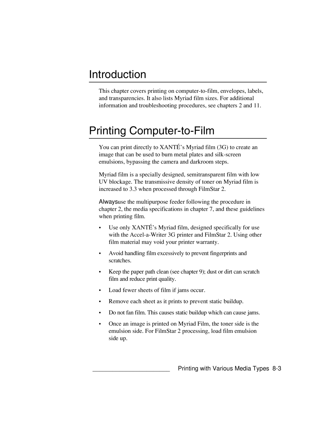 Xante 3 Series warranty Introduction, Printing Computer-to-Film 