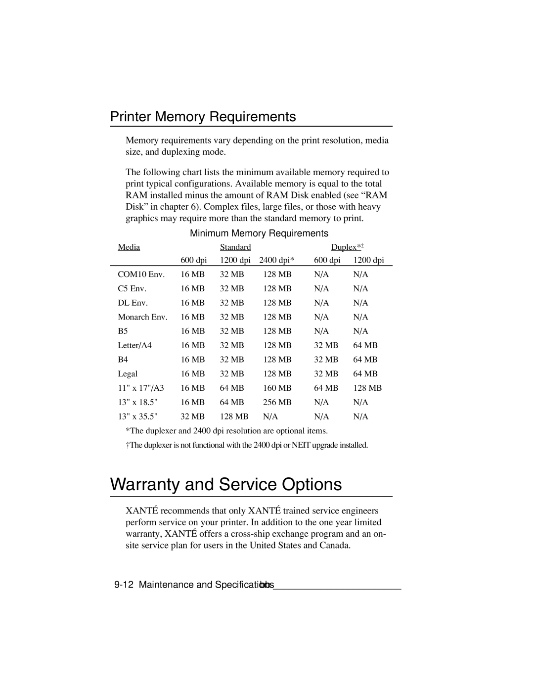 Xante 3 Series warranty Warranty and Service Options, Printer Memory Requirements, Minimum Memory Requirements 