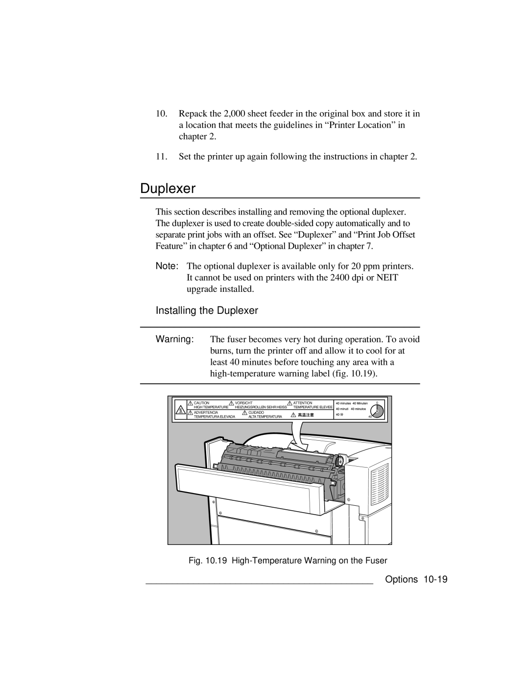 Xante 3 Series warranty Installing the Duplexer, High-Temperature Warning on the Fuser 