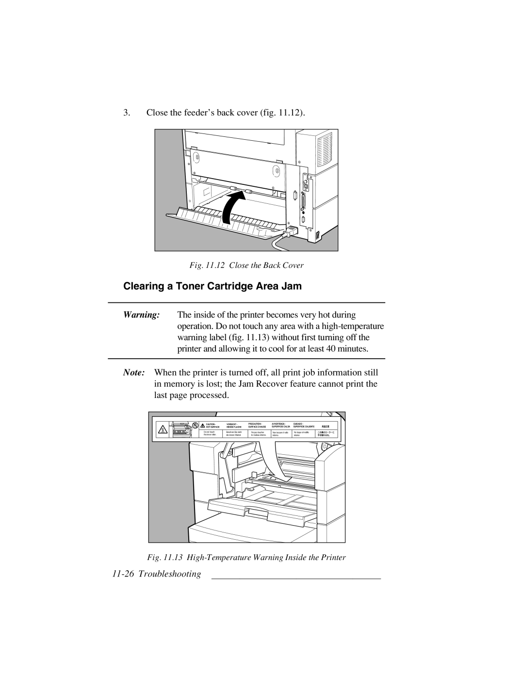 Xante 3 Series warranty Clearing a Toner Cartridge Area Jam, Close the feeder’s back cover fig 