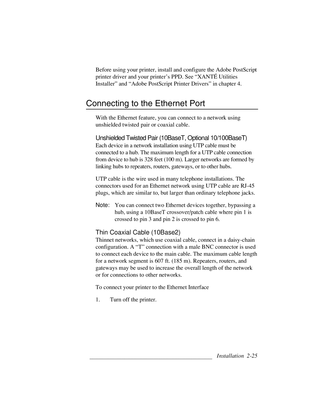 Xante 3 Series warranty Connecting to the Ethernet Port, Unshielded Twisted Pair 10BaseT, Optional 10/100BaseT 