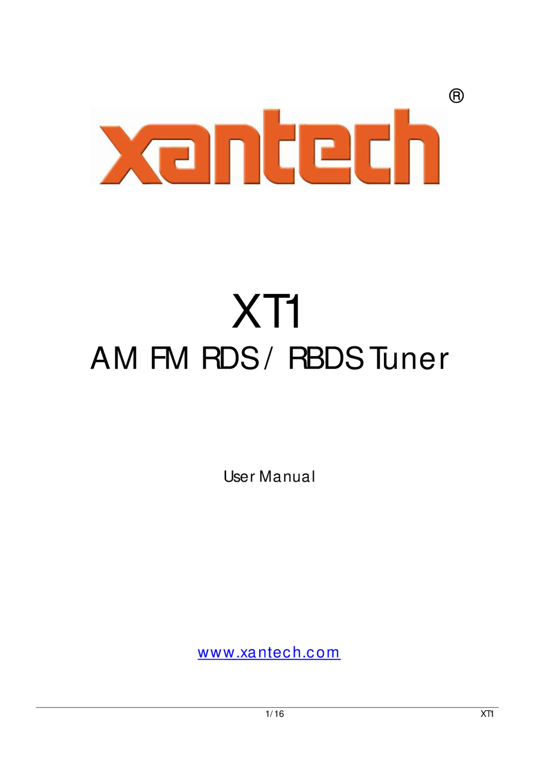 Xantech 16-Mar, 16-Feb user manual XT1 