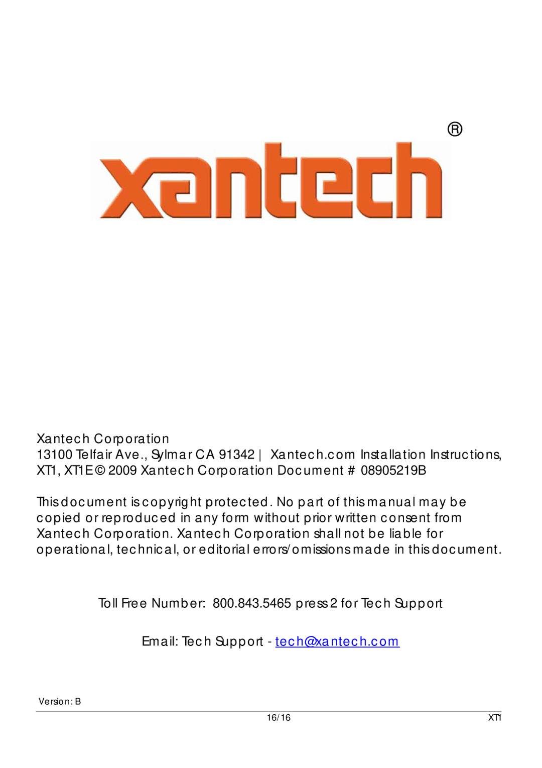 Xantech 16-Feb, 16-Mar user manual Version B 16/16 