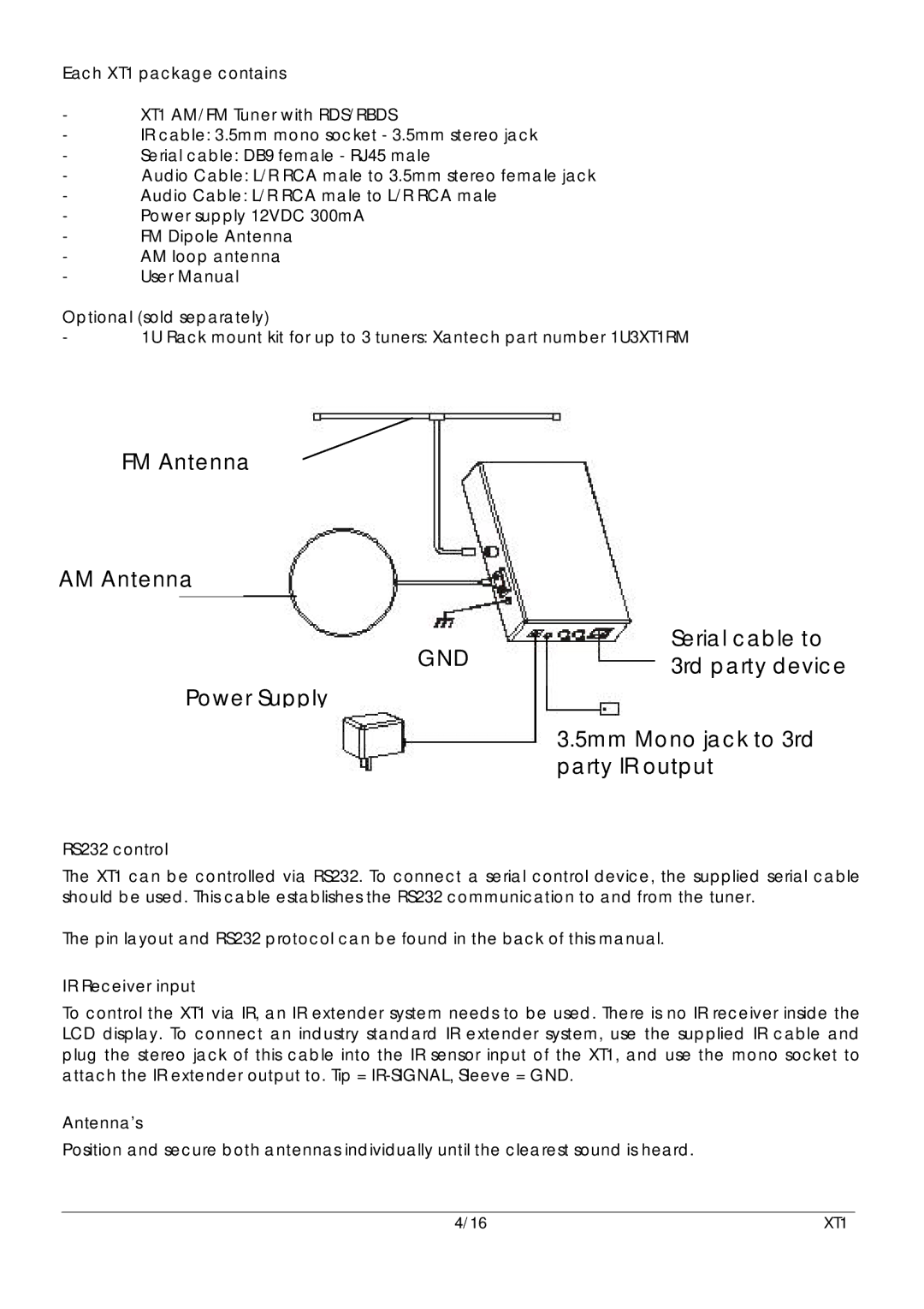 Xantech 16-Feb, 16-Mar user manual Each XT1 package contains, RS232 control, IR Receiver input, Antenna’s 