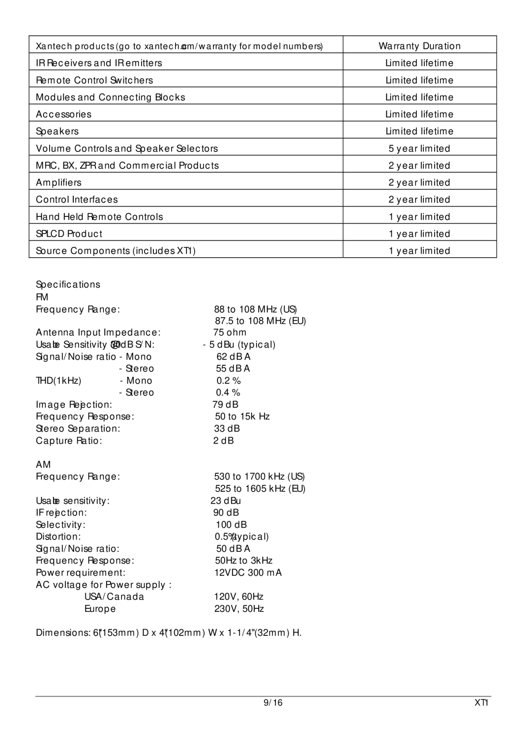 Xantech 16-Mar, 16-Feb user manual Warranty Duration 