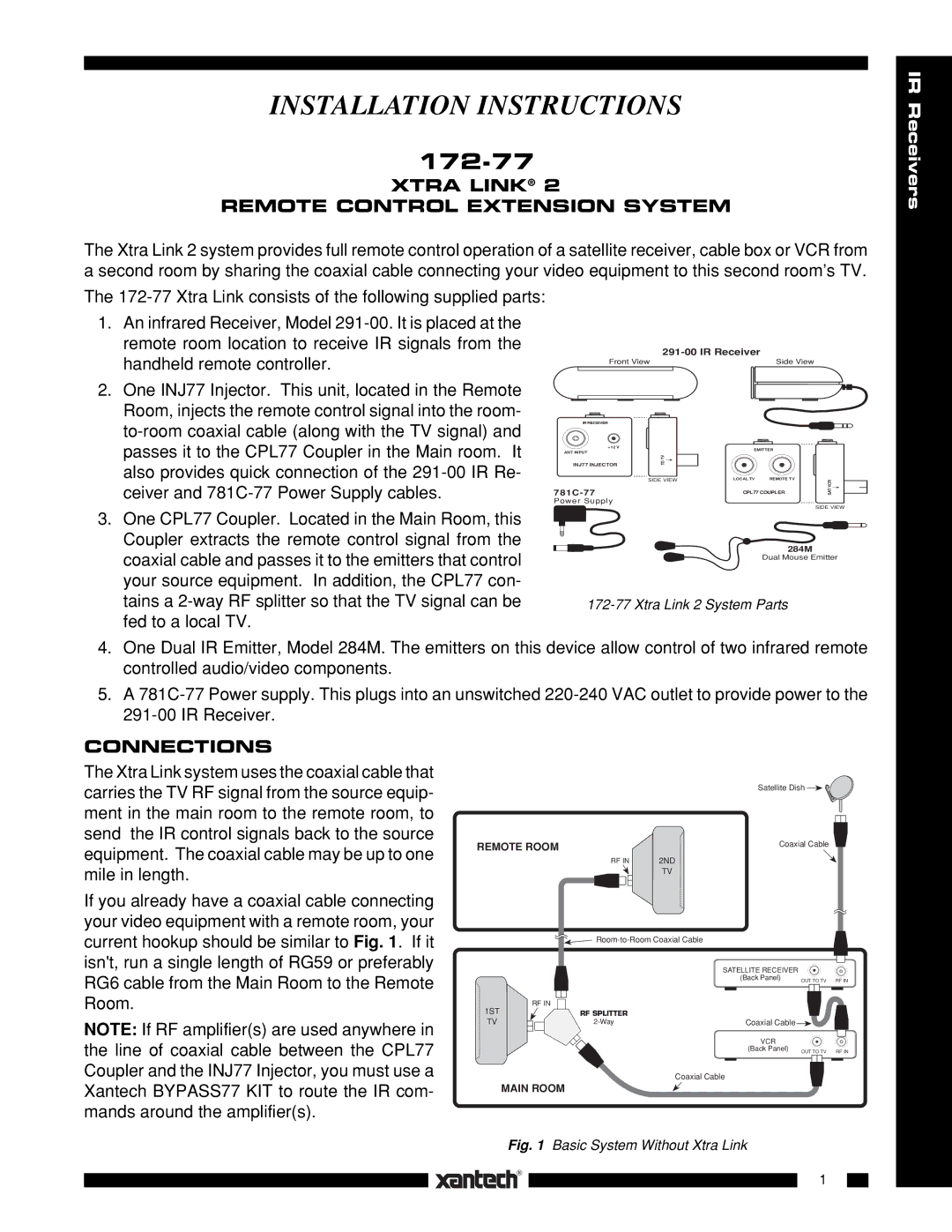 Xantech 172-77 installation instructions Xtra Link Remote Control Extension System, Connections, Remote Room, Main Room 