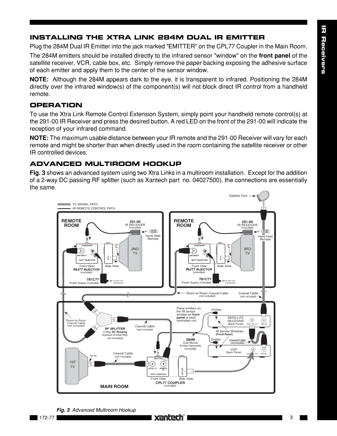 Xantech 172-77 Installing the Xtra Link 284M Dual IR Emitter, Operation, Advanced Multiroom Hookup 