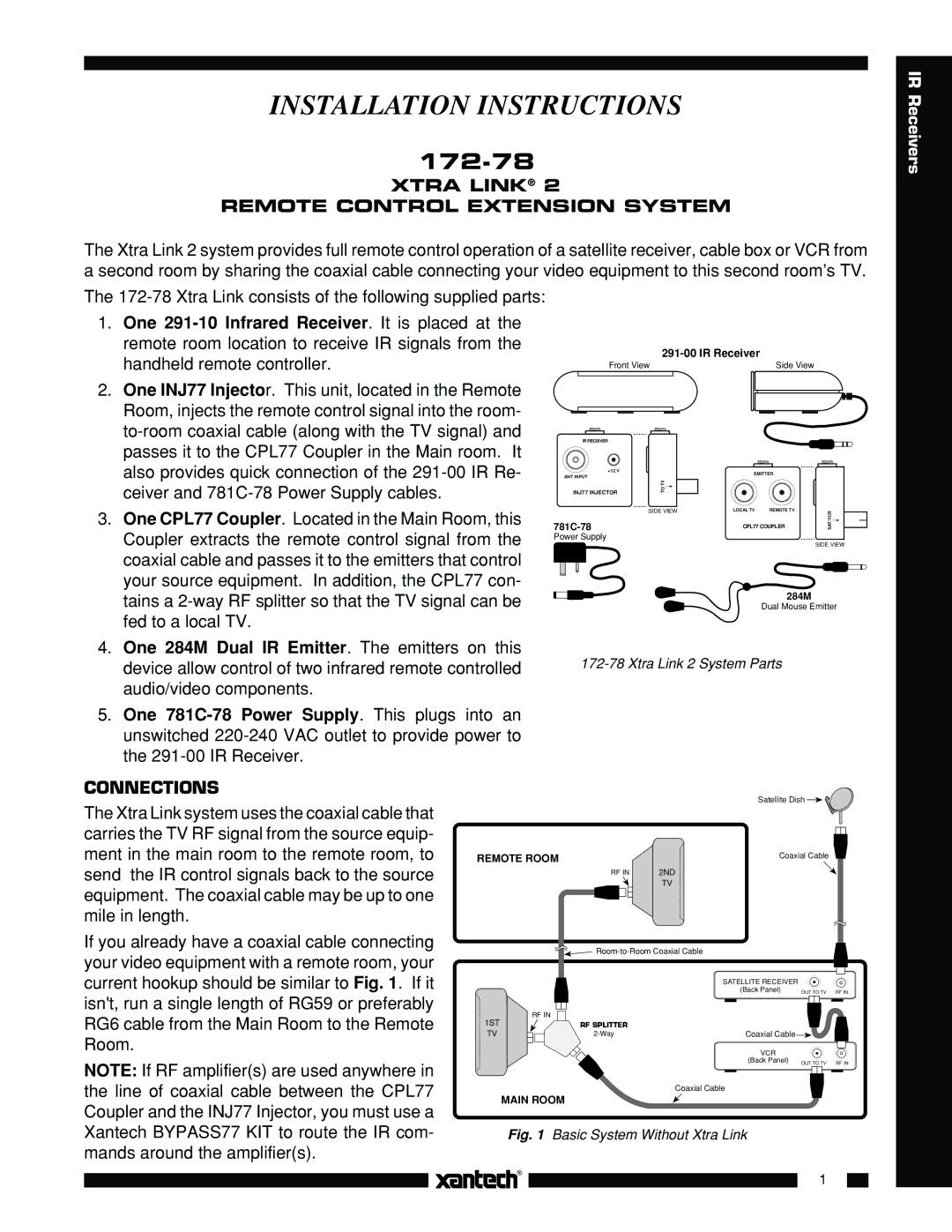 Xantech 172-78 installation instructions Xtra Link Remote Control Extension System, Connections, Remote Room, Main Room 