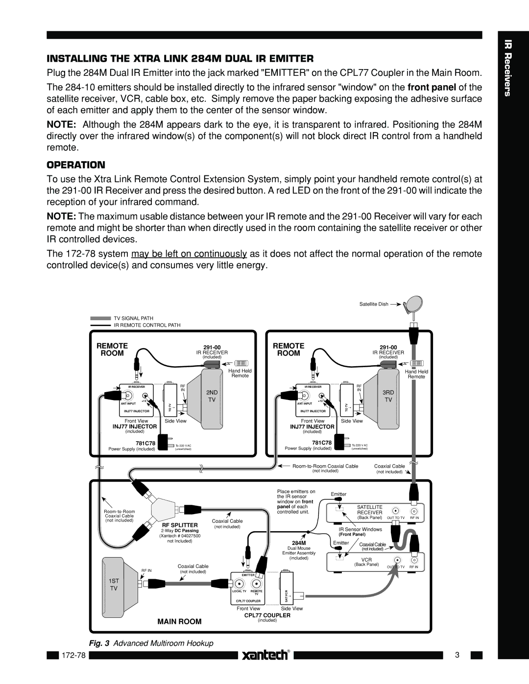 Xantech 172-78 installation instructions Installing the Xtra Link 284M Dual IR Emitter, Operation 