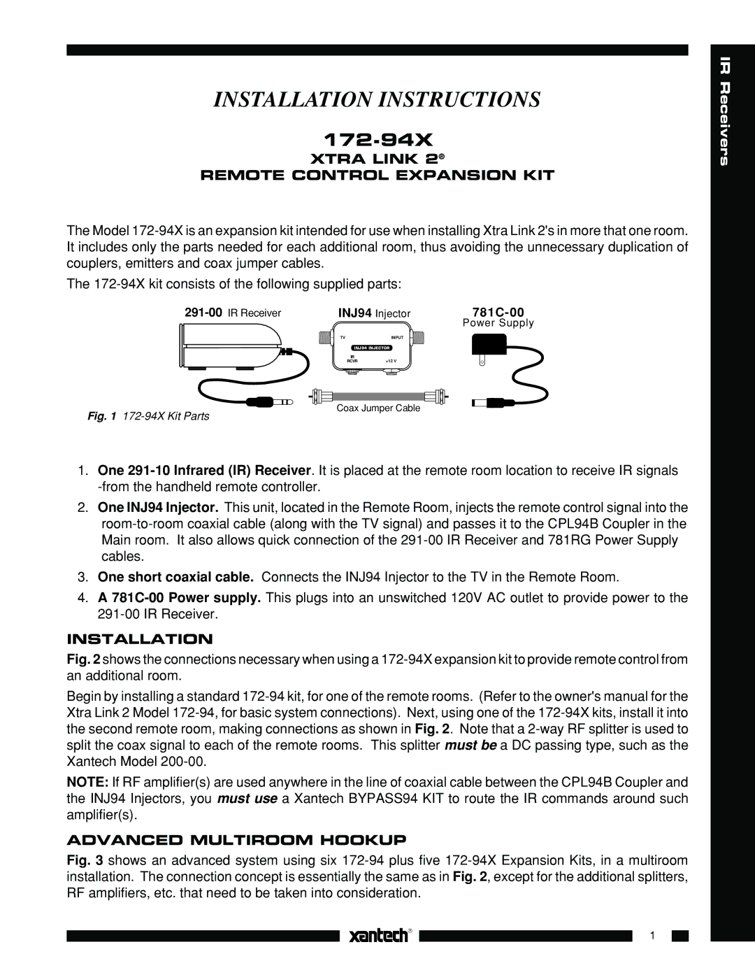 Xantech 172-94X owner manual Xtra Link Remote Control Expansion KIT, Installation, Advanced Multiroom Hookup 