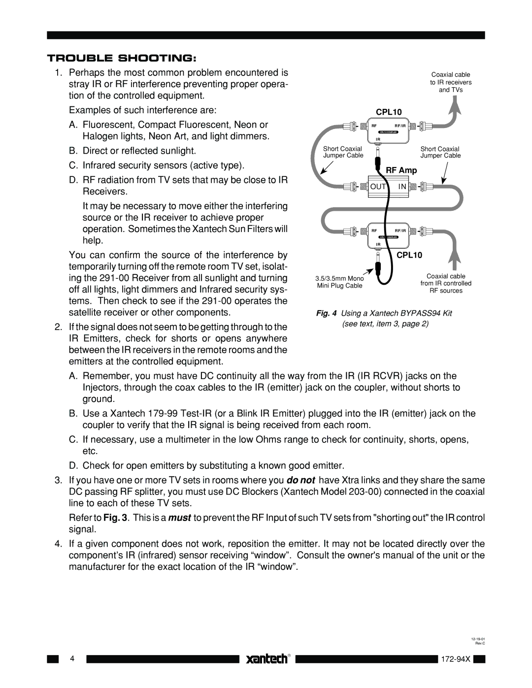 Xantech 172-94X owner manual Trouble Shooting, Using a Xantech BYPASS94 Kit see text, item 3 