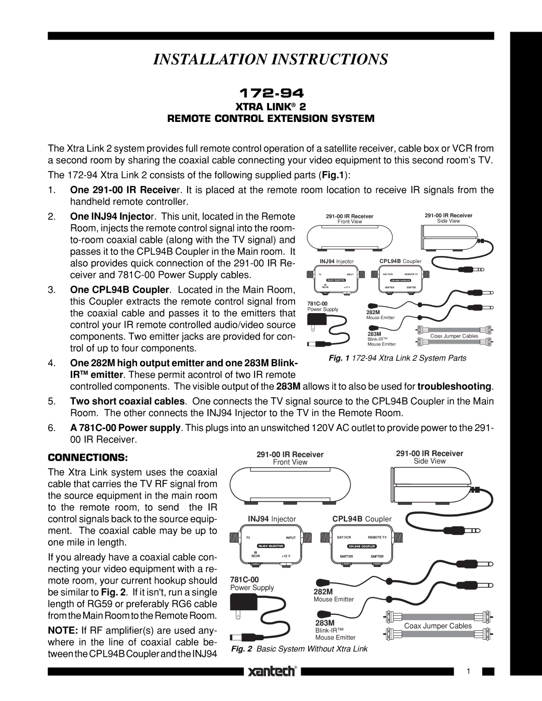 Xantech 17294 Rp installation instructions Xtra Link Remote Control Extension System, Connections 