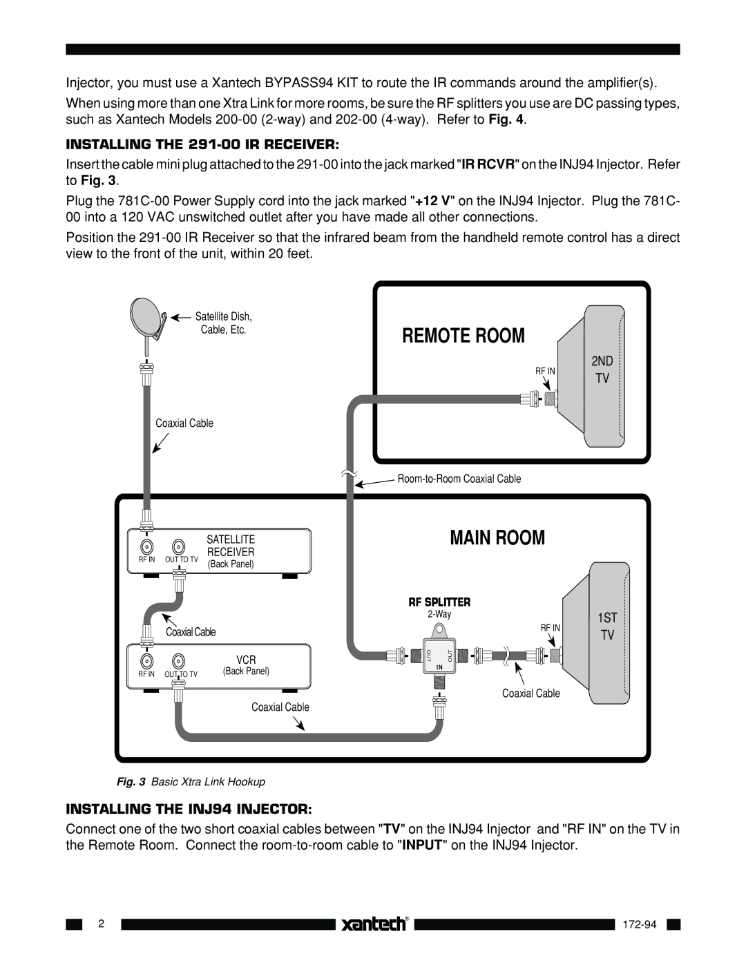 Xantech 17294 Rp installation instructions Installing the 291-00 IR Receiver, Installing the INJ94 Injector 