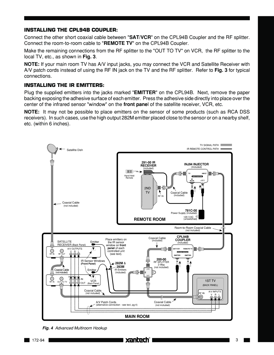 Xantech 17294 Rp installation instructions Installing the CPL94B Coupler, Installing the IR Emitters 